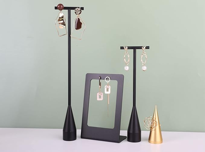 GemeShou 2pcs Black earring display T bar stand, Big jewelry earring holders for Boutique Store, Jewelry holders high enough for long earring necklace【Black-2pcs Height 7.9" and 11"】