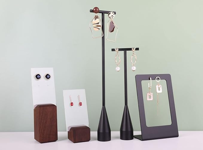 GemeShou 2pcs Black earring display T bar stand, Big jewelry earring holders for Boutique Store, Jewelry holders high enough for long earring necklace【Black-2pcs Height 7.9" and 11"】