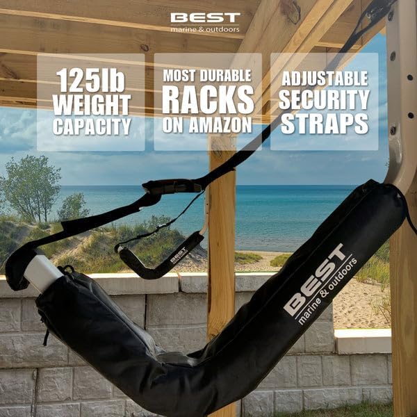 Best Marine and Outdoors Kayak Storage Rack, 2 Premium Wall Mount Racks, Kayaks & SUP Paddle Boards, 125lb Weight Capacity Garage Hanger, Indoor Outdoor Paddleboard Holder & Kayaking Accessories