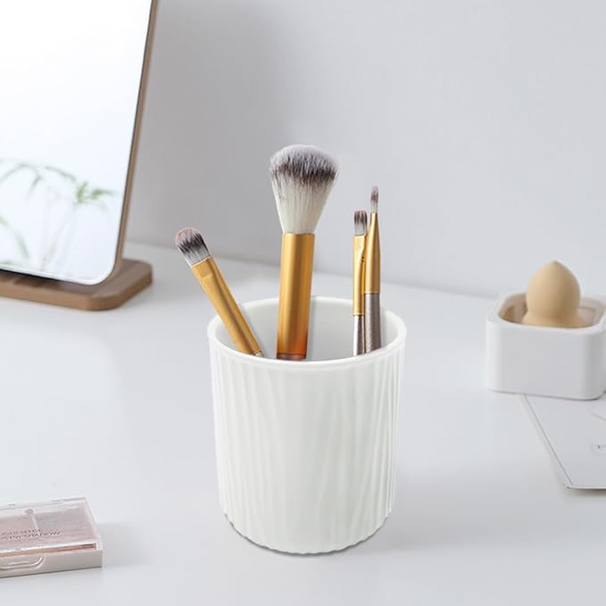 Round Ceramic Pen Holder for Desk Cute Pencil Cup Pot Desk Organizer for Girls Kids Makeup Brush Holder White