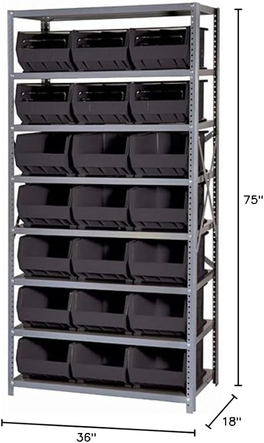 Quantum Storage Systems QSBU-255BL Giant Open Hopper Steel Shelving System, 18" D x 36" W x 75" H, with 8 Shelves and 21 QUS255 Bins, Blue