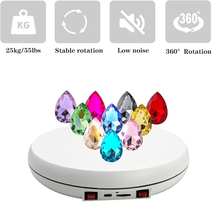 JAYEGT Motorized Rotating Display Stand with LED Light , 10 inch /55lbs Load, 360 Degree Electronic Photography Turntable for Products Shows, Jewelry, Crystal Art ，Watch, 3D Models (White / 5 Colors
