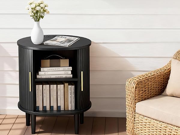 Nightstands Set of 2 & Charging Station, Fluted Accent Side Table with Sliding Door & Adjustable Shelf, Mid-Century Modern End Table for Small Space, Living Room, Bedroom (2, Black)