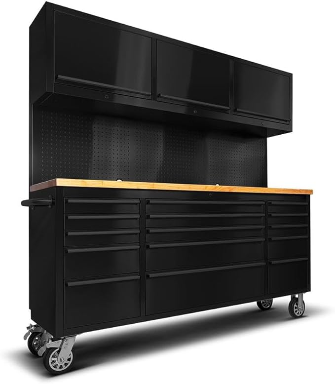 72'' Rolling Tool Chest with 15 Drawers + 3 Upper Cabinets, Large Tool Box, Matte Black Mobile Workbench, Lockable Storage Cabinet with Wheels for Garage Workshop (1 × HTC7218PC)