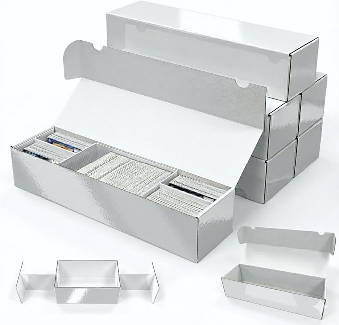 Laminated Trading Card Storage Box, 6-Pack Storage Card Box with 5-Compartment, Glossy White Cardboard Collector Box for TCG/Sports Cards Storage