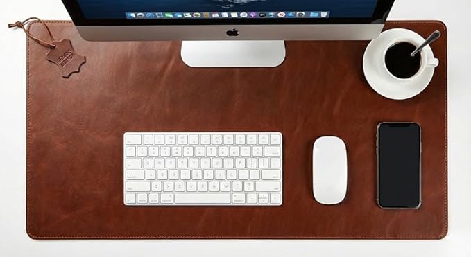 Premium Genuine Leather Desk Mat 31.5" x 15.8" Thick Office Desk Pad with Stitched Edges, Non Slip Rubber Base Large Laptop & Writing Table Pad (Dark Brown)