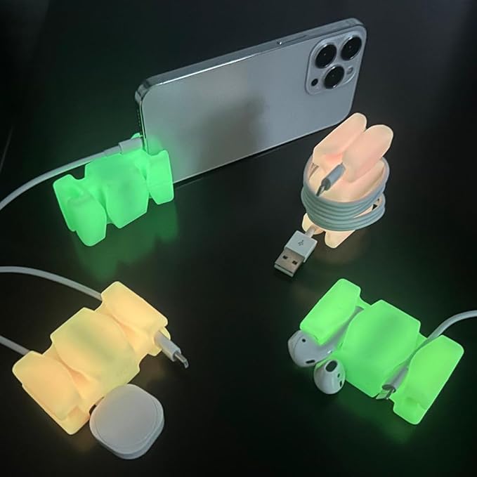 GlowBrick Stocking Stuffers for Adults Cord Management Weighted Cord Holder Cable Wrap Phone Stand - Glow-in-The-Dark Gadget Organizer for Nightstand. Gift for Men, Silicone. 4pk Assorted Glow