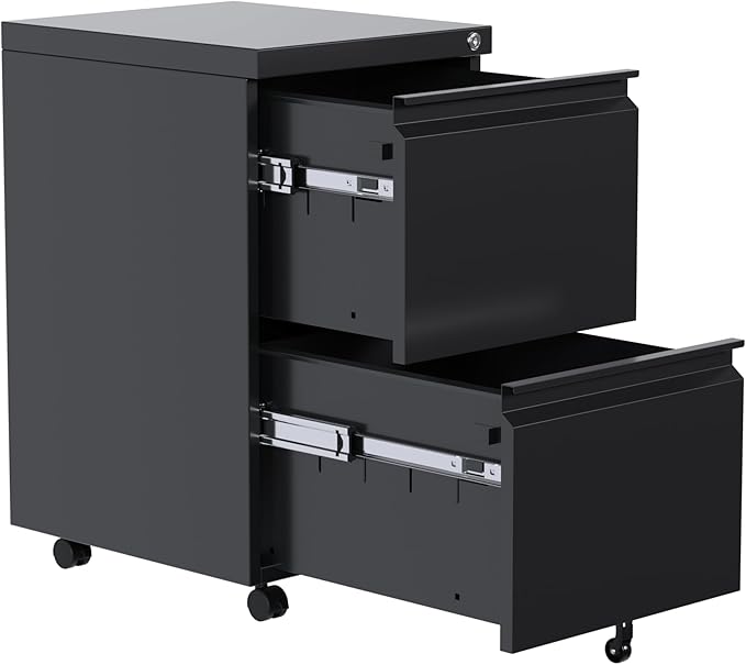 2-Drawer Rolling Metal File Cabinet with Lock – Under Desk Mobile Storage – Fits Legal/Letter/A4 Documents – Home Office Use – Black