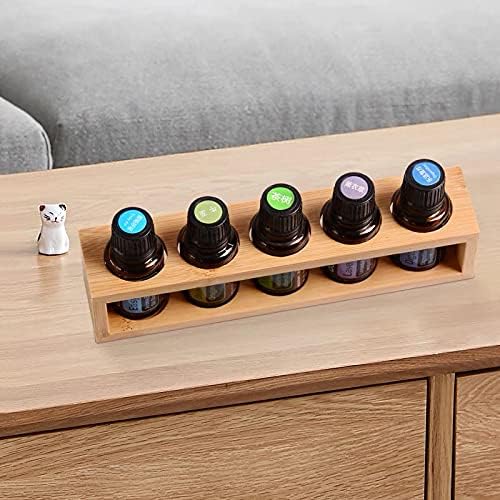 Natural Bamboo Essential Oils Storage Rack fits 15ml bottles 1 Tier Tabletop Display Stand for Aromatherapy Bottles Storage Shelf fits 15ml 10ml 5ml bottles (5 Slots * 2pcs)