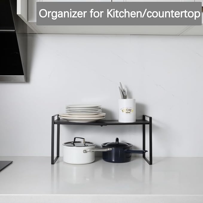 Expandable Cabinet Shelf Organizer Riser for Kitchen Pantry Cupboard Under Sink Countertop (black, 8.2’’D * 12.2-21.6’’W * 10.4’’H)