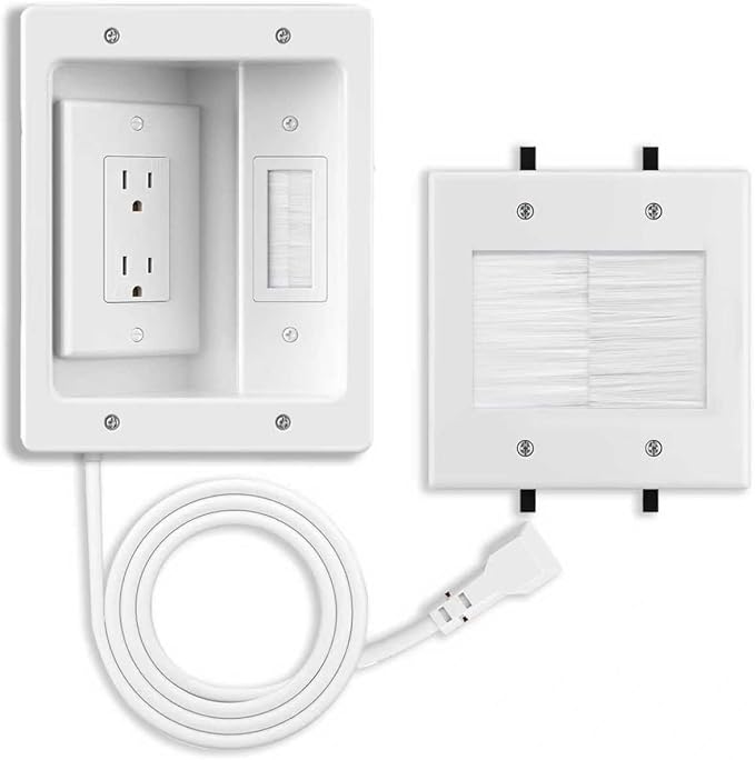 Recessed Outlet Box,in Wall Cable Concealer Kit with Brush Wall Plate、Socket、Electrical Box，9ft Cord– Easy, Safe Cable Management for Organized TV and Home Theater Systems