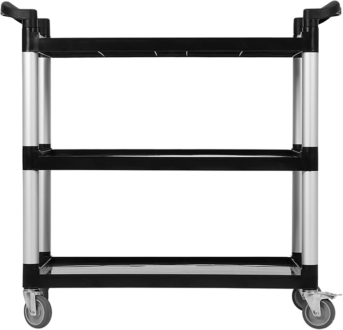 3-Tier Plastic Service Utility Cart with Wheels, Heavy Duty 3-Shelf Rolling Utility/Push Cart for Foodservice/Commercial/Restaurant/Office/Kitchen/Hotel, Black