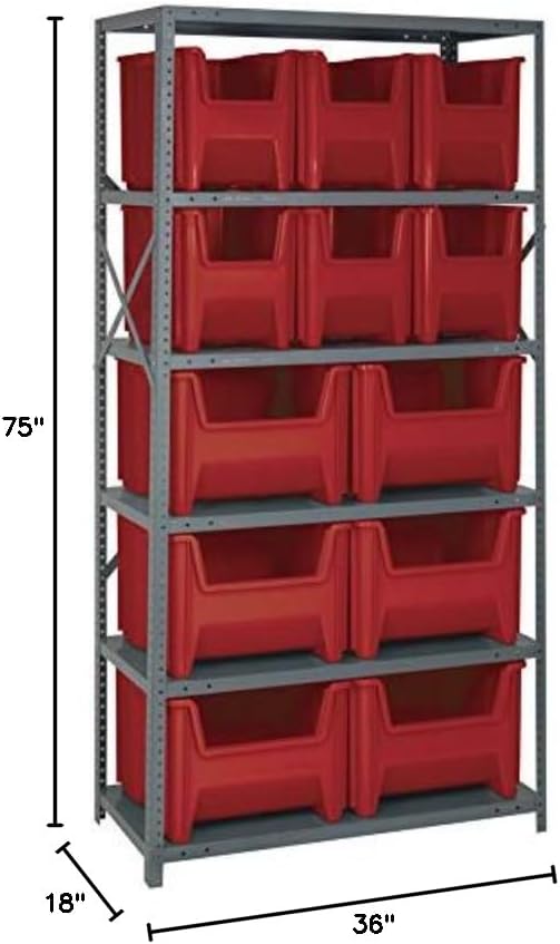 Quantum Storage Systems QSBU-600800RD Solid Heavy Duty 6 Shelves 12 Giant Stack Red Bins 75" H x 36" W x 18" D