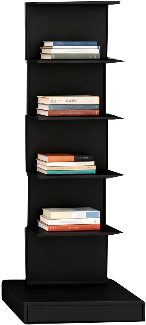 Invisible Vertical Spine Bookshelf Tower,Tall Narrow Metal Bookshelf for Small Space,Corner Floor Standing Book Organizers for Living Room, Office, Entryway(5 Tier, Black)
