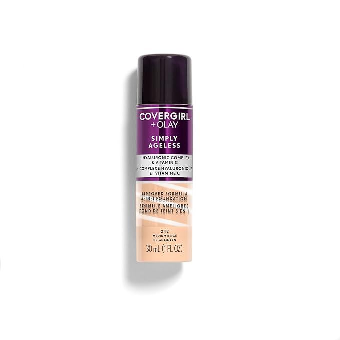 COVERGIRL & Olay Simply Ageless 3-in-1 Liquid Foundation, Matte Finish, Hyaluronic & Vitamin C Formula, 242 Medium Beige, 1 Count