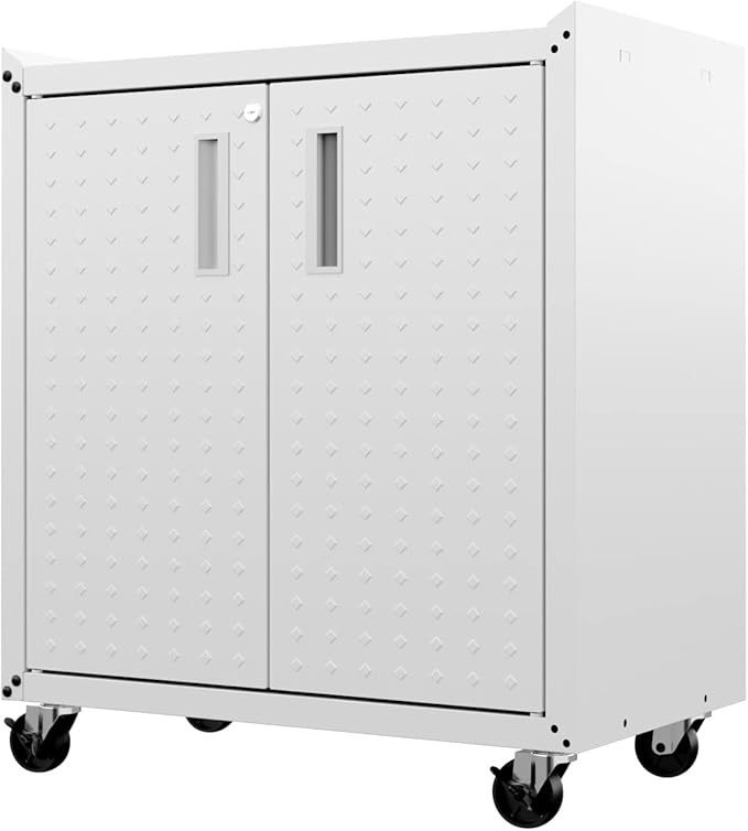 Manhattan Comfort Fortress Textured Metal 31.5" Garage Mobile Cabinet with 2 Adjustable Shelves in White
