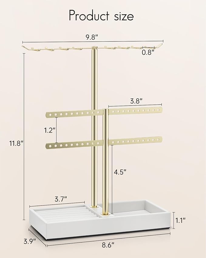 Vlando 2 Tier Jewelry Stand Organizer with Tary, Leather Jewelry Holder Display for Women, Gold Jewlery Holder Stand for Necklace, Earring, Bracelet, Rings - White