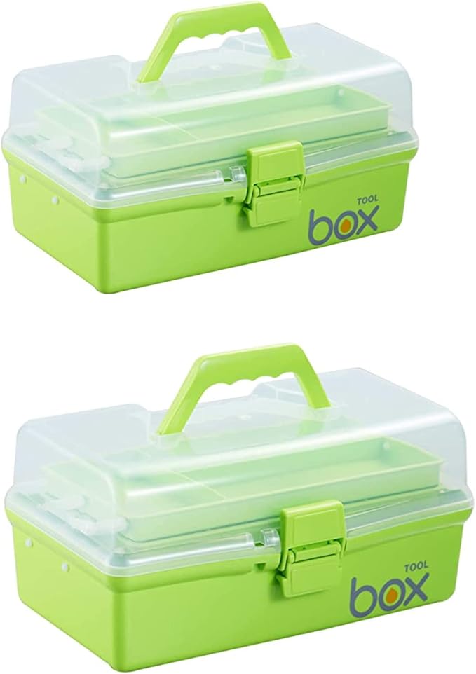 2PCS 12'' Three-Layer Clear Plastic Storage Box/Tool Box, Multipurpose Organizer and Portable Handled Storage Case for Art Craft and Cosmetic (Green)
