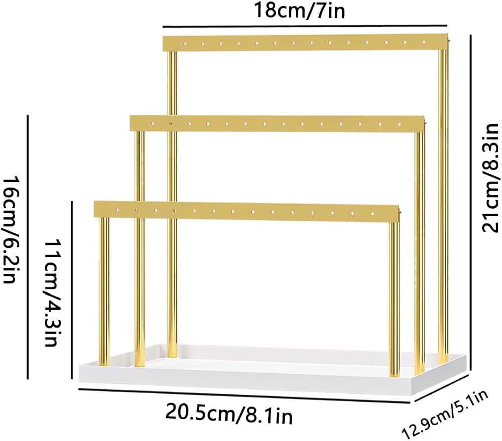 3-Tier Earring Organizer Holder Stand, Metal Jewelry Stand with Tray for Earring Display, 42 Holes Metal Earring Storage Tower Rack for Women Girls Home Use (Gold)