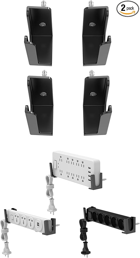 Power Strip Wall Mount Holder, Under Desk Power Strip Holder, Punch Free Socket Holder, Adhesive and Screw Two Mounting Options 2 Set (Black)