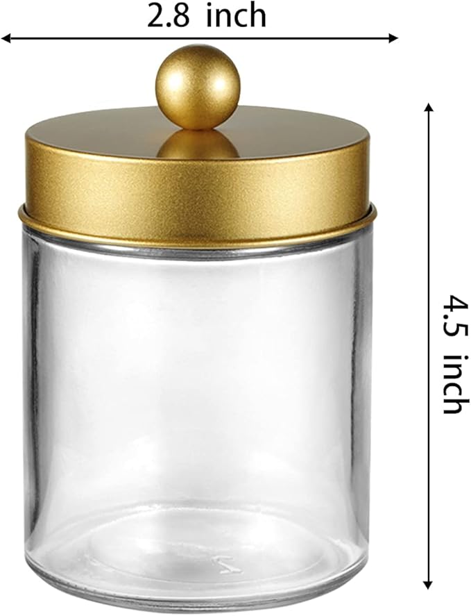 Amolliar 6Pc Apothecary Jars Bathroom Vanity Organizer- Rustic Farmhouse Decor Storage Canister with Stainless Steel Lids- Qtip Dispenser Holder for Q-Tips,Cotton Swabs,Rounds,Ball,Flossers (Gold)