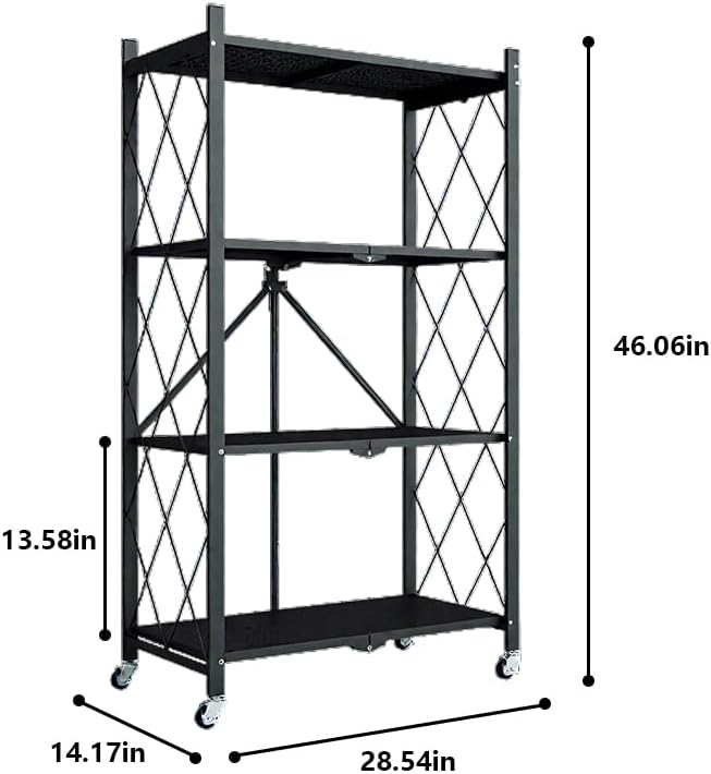 Four-Layer Foldable Storage Metal Shelf with Locking Wheels,Easy Assembly and Move Space-Saving Shelves Organizer Suitable for Kitchen, Pantry and Closet-28.54" L x 14.17" W x 46.06" H