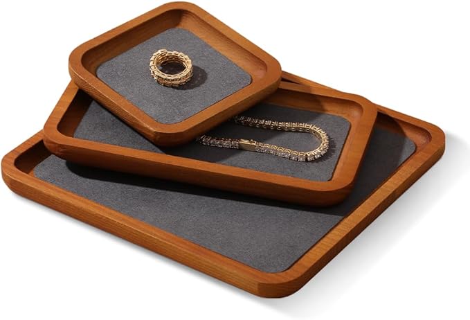 Wooden Jewelry Display Tray Rounded Rectangle Ring Showcase Stackable Elegant Bracelet Watch Jewelry Organizer for Personal Use and Commerce (Gray, Small-W 3.9'' x H 0.6'' x L 3.9'')