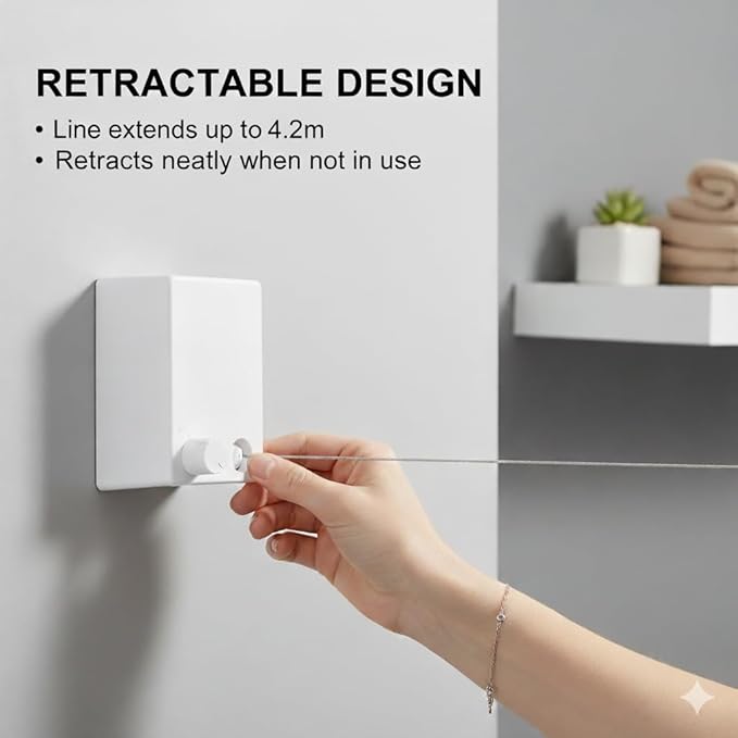 Dryline Retractable Clothesline, White, Indoor Outdoor Wall Mounted Drying Rack, 15kg Weight Capacity, 4.2m Length, for Laundry Room, RV, Bathroom