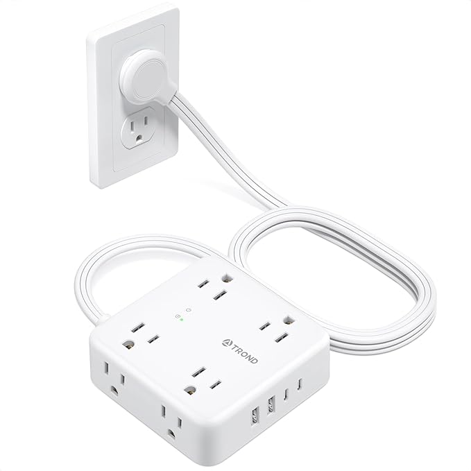 TROND 5ft Flat Extension Cord with 2 USB C, Ultra Thin Flat Plug Power Strip, 8 Widely Outlets and 4 USB Ports, 1700J Surge Protector, Extension Cord for Office, Travel, Home, White
