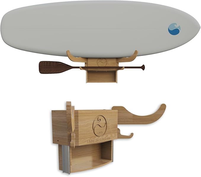 LISS Solo Rack – Wall Mount Surfboard Holder for ONE Board – Bamboo Board Rack with Interchangeable Arms & Hidden Storage Drawer – Fits Shortboards, Longboards, SUPs, Wakeboards, Snowboards up to 12ft