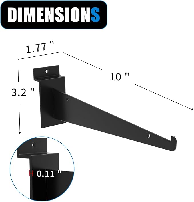 10" Black Slat Wall Shelf Brackets,10 PCS Slat Wall Brackets with Lip, Floating Metal Slat Wall Accessories