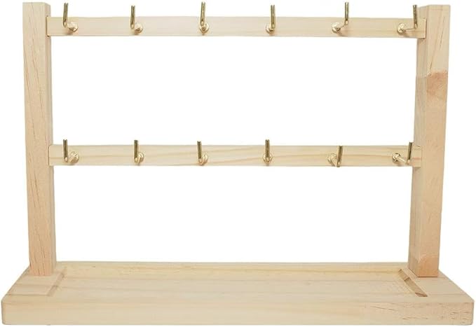 2 Layers of Wooden Display Eacks With Hooks for Necklaces. Rings, Earrings, Bracelets, And Other Jewelry Storage Display Rack