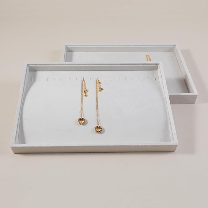 Velvet Jewelry Display Tray For Bracelet Pendant Necklace, Multi-Slot Stackable Storage Tray For Long Chain Jewelries, Drawer Insert Jewelry Organizer (White)