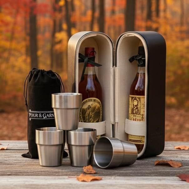 POUR & GARNISH Bourbon, Whiskey & Wine Double Bottle Travel Bag – Vegan Leather Spirits Carrier with 4 Stainless Steel Insulated Glasses & Gift Pouch – Luxury Barware Gift
