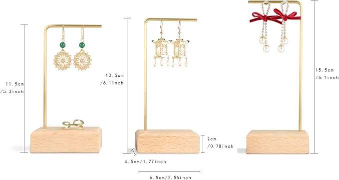 GemeShou 3pcs Beech wooden dangle earring stand holder, hoop earring displays for selling jewelry, mini brass earring hanger【Walnut Stand set-3pcs】