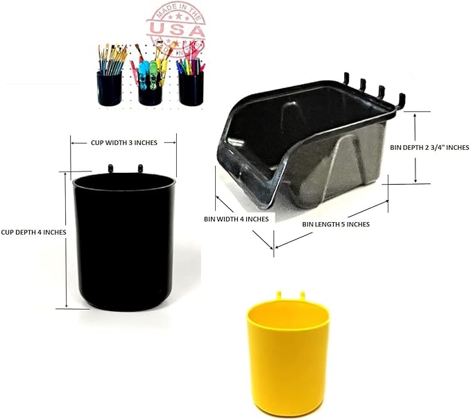 WallPeg Pegboard Bins & Cups - 15 each 5" Bins and 5 each 5" Cups - Hooks to Peg Board Panel Organize Hardware Arrange Accessories Workbench Tool Organizer Garage Storage -MADE IN USA-