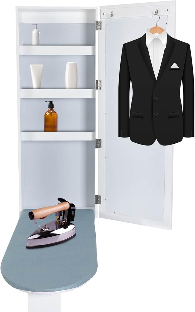 Wall Mounted Ironing Board Cabinet, Built-in Foldable Ironing Board & Folding Support Leg, Wall Ironing Boards with Mirror and 2 Hooks for Home, Apartment & Small Spaces