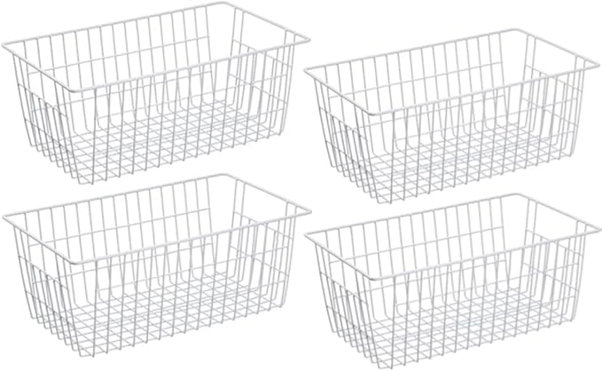 Freezer Wire Storage Organizer Bin Baskets with Handles, Metal Wire Baskets Storage for Organizing Fridge, Closets, Pantry, Kitchen, Garage, Bathroom, White - 4 Pack