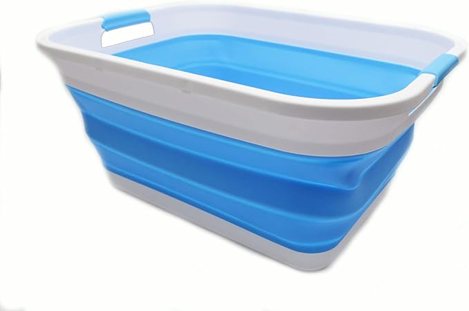 SAMMART 41L (10.8 gallon) Collapsible Plastic Laundry Basket-Foldable Pop Up Storage Container/Organizer-Portable Washing Tub, Water capacity: 32L (8.4 gallon) (Retangular, White/Marine Blue)