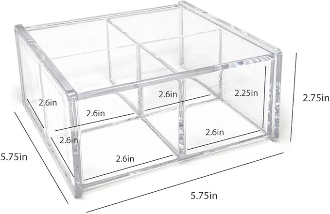 Isaac Jacobs 4-Compartment Square Clear Acrylic Organizer with Lid (5.75" L x 5.75" W x 2.75" H), Multi-Sectional Tray, Stackable, Storage Solution for School, Craft, Office Supplies, Kitchen & More