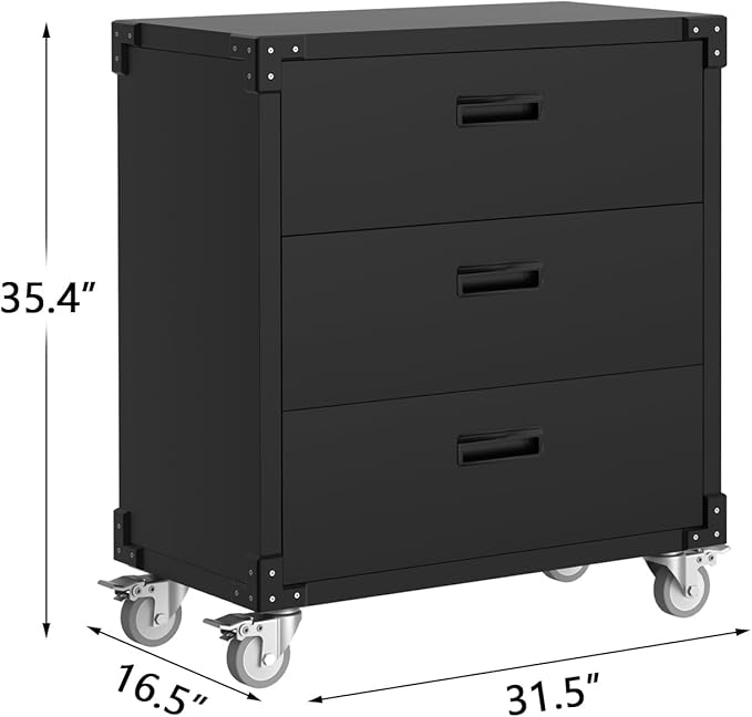 3-Drawer Rolling Tool Cabinet, Heavy Duty Metal Storage Cabinet on Wheels, Mobile Tool Chest Cart for Garage, Workshop, Warehouse, Office, Basement, Black, 31.5"W x 16.5"D x 35.4"H, Assembly Required
