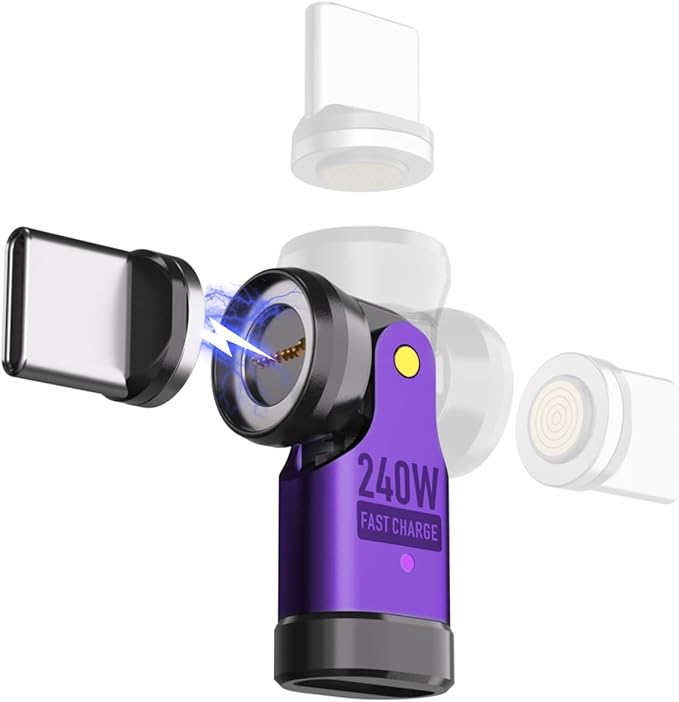 Magnetic USB C 90 Degree Adapter 240W, Can Be Type-C Cord Into Right Angle Magnetic USB C Charging Cable, Magnet Charger USBC Adapter 180&360 OTG Tips for Phone 17/16 Tablet(1 Pack Purple)