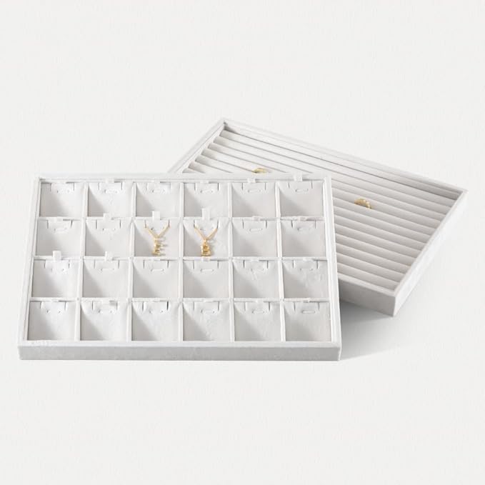 Velvet Necklace Display Tray, Stackable 24 Grid Insert Pendant Necklaces Storage Holder Plate, Jewelry Retail Countertop Organizer (White)