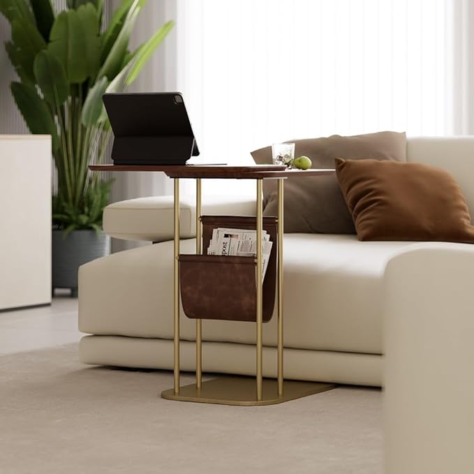 LOVEDIMA C-Shaped Walnut & Gold Rotating Side Table with Storage - 360° Swivel Top,Built-in Magazine Rack,Modern End Table for Sofa/Bedside