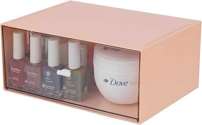 Desktop Stackable Storage with 1 Deep Drawer, Stackable Plastic Storage Drawer, Desktop Accessories & Workspace Organizer, Office Stationary, Bathroom, Makeup Skincare Organizer, Pink