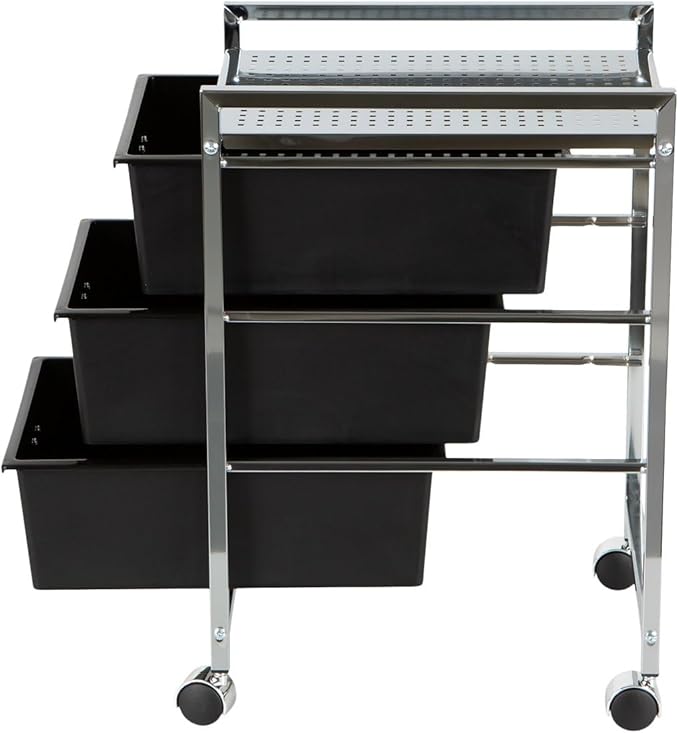 Pibbs D23 Metal Salon Roller Cart, 3 XL Removable Drawers, Heavy-Duty Utility Pedicure Cart on Wheels, European Style Design, Hot Tool Safe Work Surface