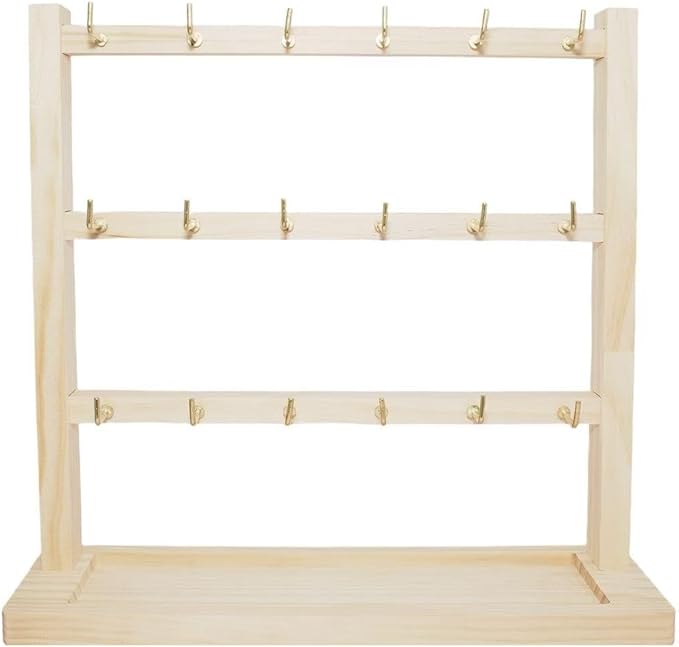 3 Layers of Wooden Display Eacks With Hooks for Necklaces. Rings, Earrings, Bracelets, And Other Jewelry Storage Display Rack