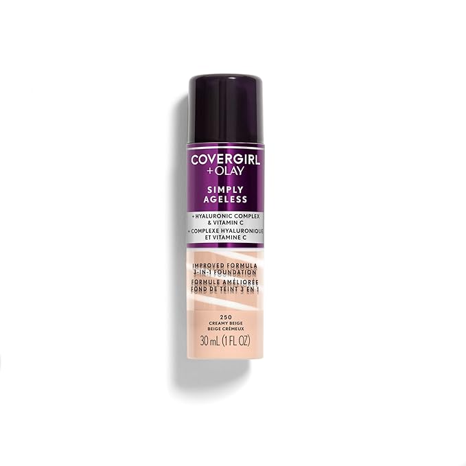 COVERGIRL & Olay Simply Ageless 3-in-1 Liquid Foundation, Matte Finish, Hyaluronic & Vitamin C Formula, 250 Creamy Beige, 1 Count