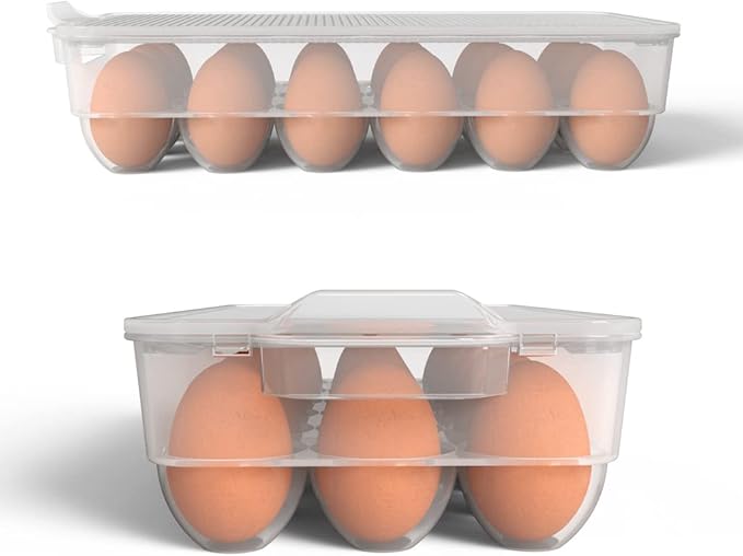 Clear Covered Egg Holder 3-Pack, Plastic Egg Storage for Refrigerator, Egg Tray Container with Lid, Fits 18 Eggs