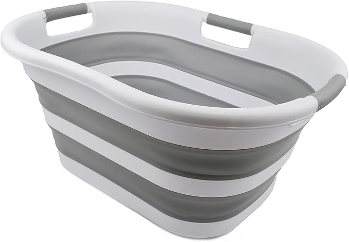 SAMMART 40L (10.5 gallon) Collapsible Plastic Laundry Basket - Space Saving Storage Container - Portable Washing Tub - Foldable Pop Up Hamper/Basket (1, White/Grey)